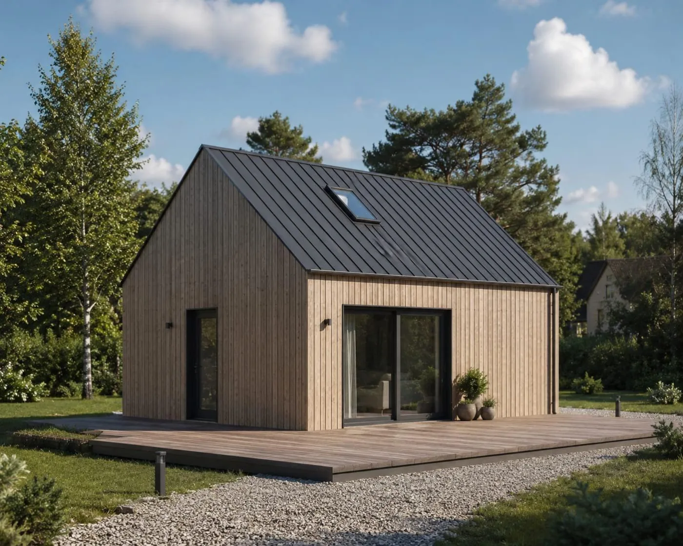 Dom szkieletowy 64,4 m² z drewnianą elewacją