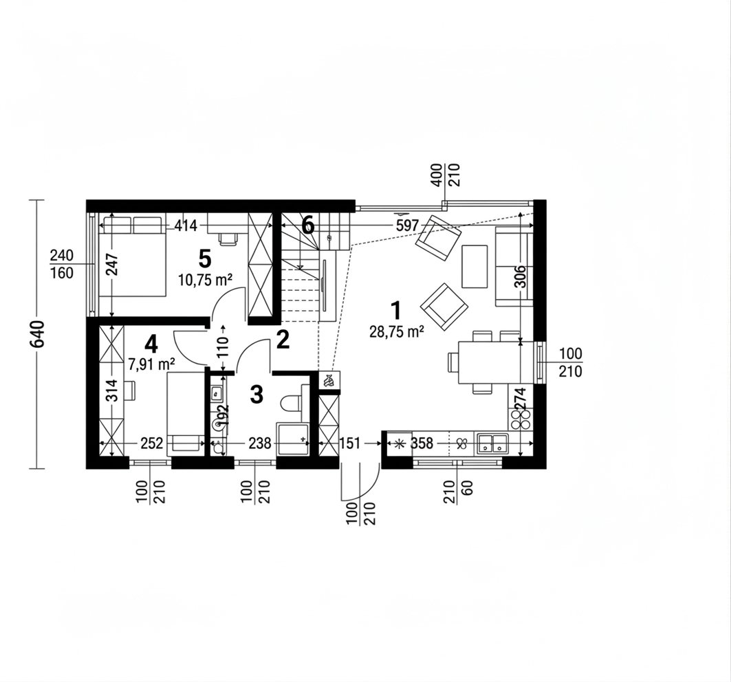 Rzut parteru domu szkieletowego 64,4 m²