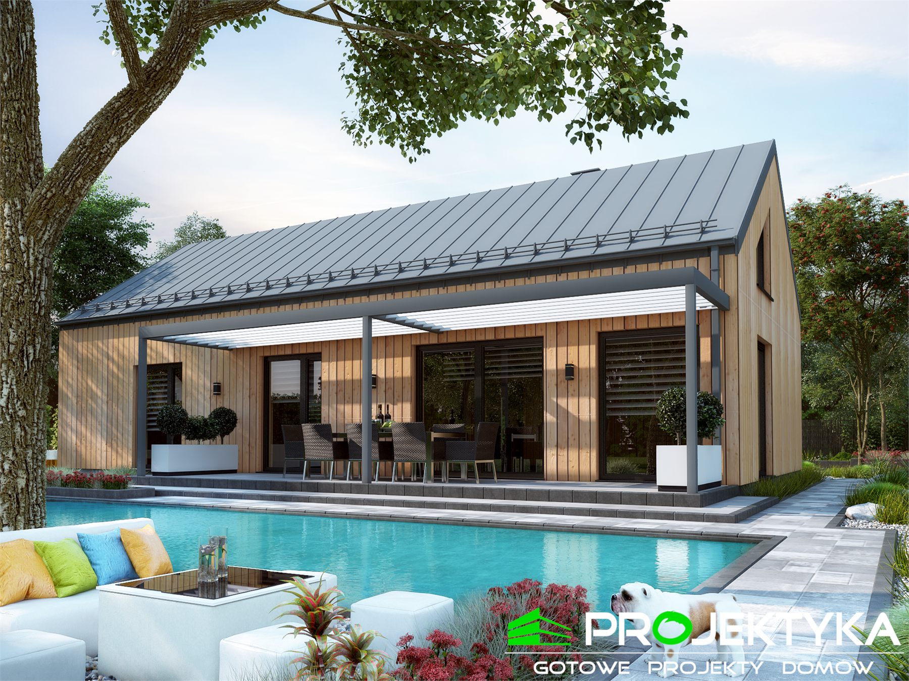 Projekt 84,2 m² - widok od tarasu
